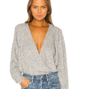 Amanda Uprichard Light Gray/Beige Heather Ribbed Top Bodysuit